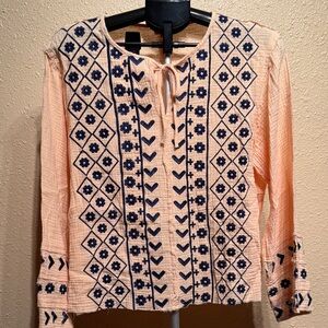 POL Boho peach gauze long sleeve top w navy floral embroidery sz small New
